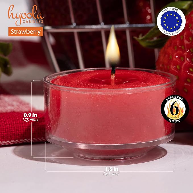 HYOOLA Scented Tealight Candles - Clear Cup - Strawberry Tealight Candles Scented - 6 Hour Burn Time - 15 Pack - European Made