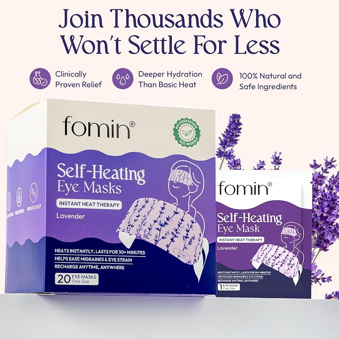 Fomin Steam Eye Mask - 20 Pack - Lavender - Self Heating Warm Compress for Dry Eyes, Puffy Eyes & Dark Circles, Disposable Sleep Mask for Home, Spa, Travel Essentials & Relaxation Gifts for Women