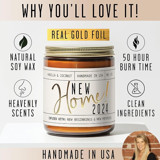 House Warming Gifts New Home, Housewarming Gifts New Home - 'New Home 2024' Soy Candle, w/Vanilla, Coconut & Vetiver I for New House, New Home Gifts I 9oz Jar, 50Hr Burn, Made in USA