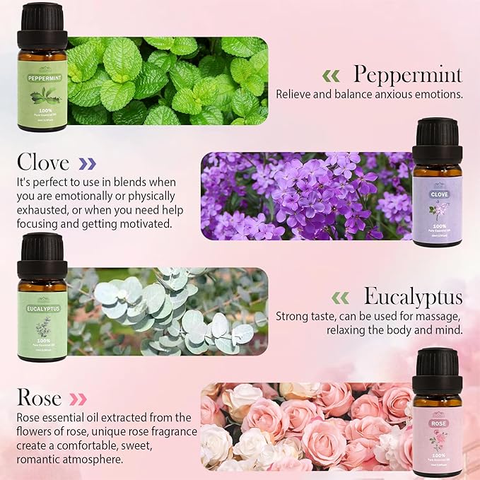 8 Pcs×10ml Pure Essential Oils for Diffuser for Home Care, Perfume, Candle and Soap Making - Peppermint, Lavender, Rose, Clove-Organic Essential Oils Set for Women and Mom Gift
