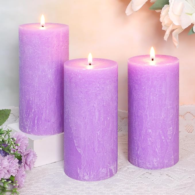 Lavender Scented Pillar Candles, Purple Burning Candle Set of 3, Dripless, Smokeless and Large Wax Candle for Wedding, Home Decoration, Parties, Spas, Dinner