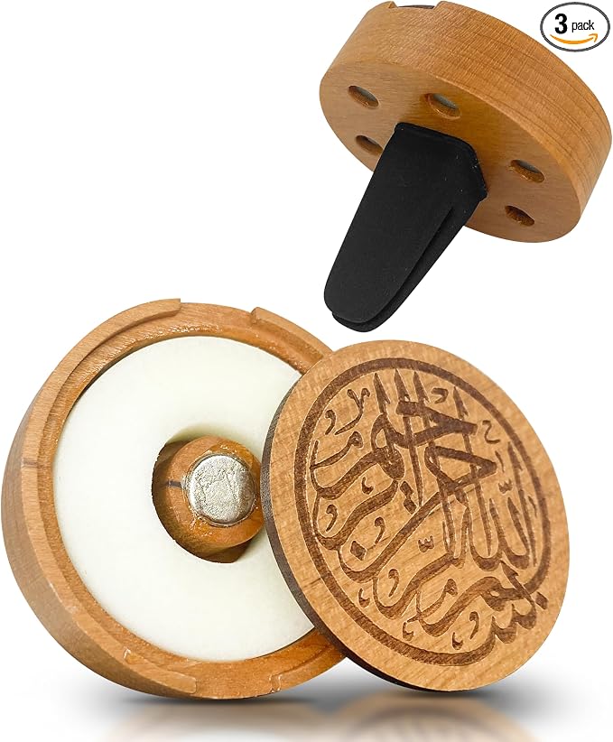 Islamic Inspired Car Diffuser - Natural Wood and Natural Wax Cartridge - Engraved with Bismillah Al Rahman Al Rahim – Includes Two scents (Jasmine & Orange) - Reusable with Essential Oils (Round)