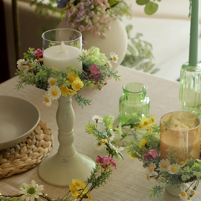 Daisy Candle Ring 2 Pcs 3'' (Inner) 6'' (Outer) Diameter Floral Spring Wreath with Artificial Daisy - Ideal Easter Candle Holders Easter Centerpieces for Tables