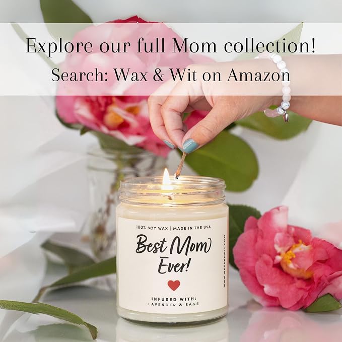 Best Mom Ever Candle & Bracelet Gift Set – Mothers Day Candle Gift for Mom from Daughter Son Kids Husband, Pink Quartz Healing Bracelet, 9oz Lavender & Sage Soy Wax, 50 Hour Burn, Birthday