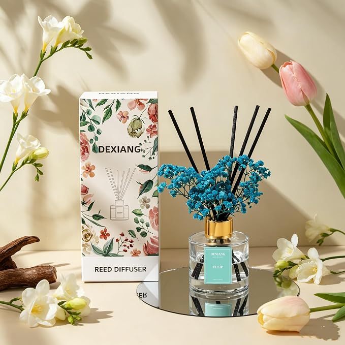 Reed Diffuser Set, 3.38 fl oz (100ml) Tulip Scent Oil Diffuser with 6 Reed Sticks, Natural Home Fragrance Reed Diffuser for Bathroom, Bedroom, Living Room Shelf Decor