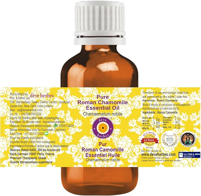 dève herbes Roman Chamomile Essential Oil (Chamaemelum nobile) Pure | Non-Sticky | Non-Greasy | Lightweight | Men & Women | All Skin Types | Steam Distilled 5ml (0.16 oz)