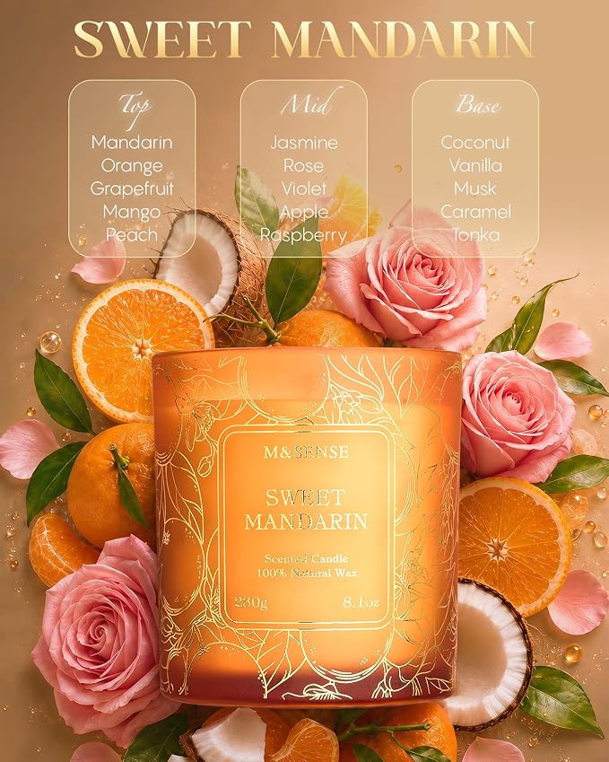 M&SENSE Sweet Mandarin Soy Candle, No Toxin Refreshing Fragrance, 8.1oz 42-Hour Long Burning, Bright Refreshing Citrus, Summer Housewarming Gift