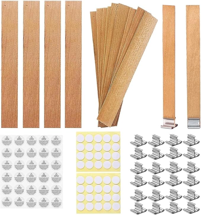 300 Pcs Smokeless Cherry Wood Candle Wicks, Long Lasting Flame, Easily Burn, Candle Cores with Stand and Glue Dot, Warning Label for DIY Candle Making
