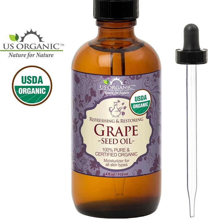 US Organic Grape Seed Oil, USDA Certified Organic, 100% Pure & Natural, Cold Pressed Virgin, Unrefined, in Amber Glass Bottle w/Glass Eye dropper for Easy Application (4 oz (115 ml))