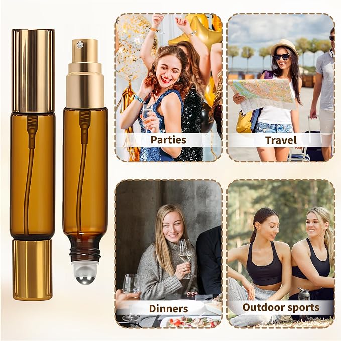 Double Ended Perfume Bottle With Roller Ball &Spray:4 PCS 10ml Amber Refillable Leakproof Travel Atomizer Facial Care with Funnel Tool for Perfume,Cologne,Essential Oils
