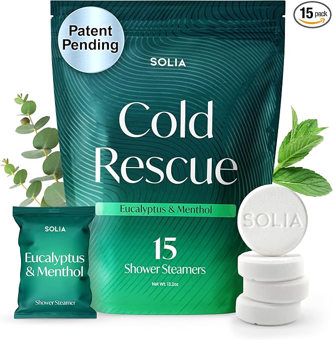Solia Congestion Eucalyptus & Menthol Natural Shower Steamers - Patent-Pending - Real Essential Oil Menthol Tablets, Spa Steamers Aromatherapy, 15-Pack