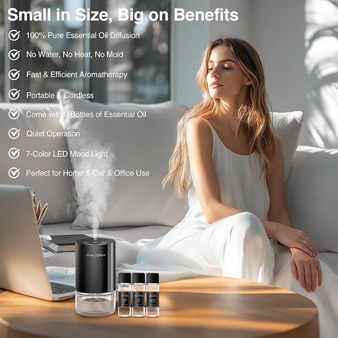 Waterless Essential Oil Diffuser Stater Kit - Included 3x20mL Essential Oils, Battery Operated, Cold Air Scent Diffuser for Home, Car, Office, Portable Diffuser with 7-Color Light, 100mL, Black