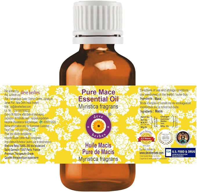 dève herbes Pure Mace Essential Oil (Myristica fragrans) Steam Distilled 100ml (3.38 oz)
