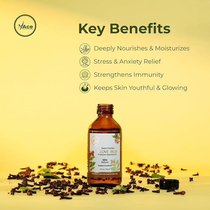 My ACE Clove Bud Essential Oil 4 Fl Oz - 100% Pure & Natural - Premium Grade for Aromatherapy, Diffuser, Skin, Hair, Massage, Candle, Soap Making, Home - Glass Bottle with Dropper - Long Lasting Scent
