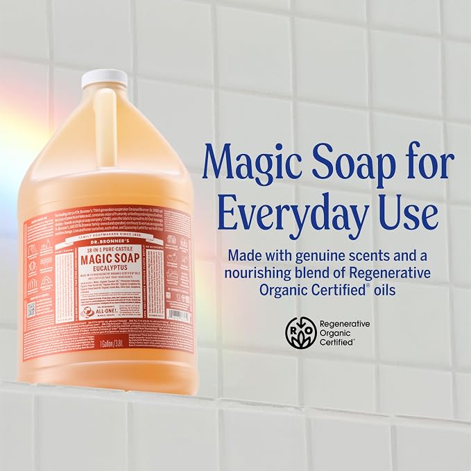 Dr. Bronner's Pure-Castile Magic Soap Liquid (Eucalyptus, 1 Gallon) - Made with Regenerative Organic Certified Oils, 18-in-1 Uses: Face, Body, Hair, Laundry, Pets and Dishes, Concentrated, Vegan
