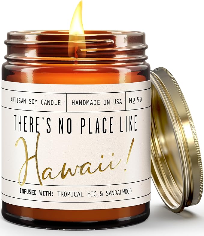Hawaii Gifts, Hawaii Decor for Home - 'There's No Place Like HawaiiCandle, w/Tropical Fig & Native Sandalwood I Hawaii Souvenirs I Hawaii State Gifts I 9oz Jar, 50Hr Burn, USA Made
