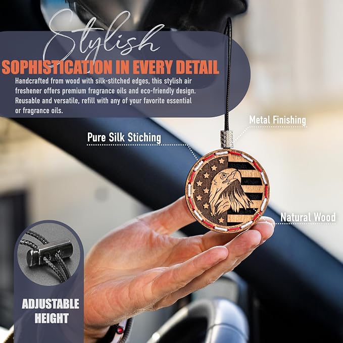 Handmade Wood Car Air Freshener — American Flag Designed Refillable Essential Oil Diffuser — Long Lasting Mountain Rain Fragrance Oil 10 ml — Car Accessories Gift Box
