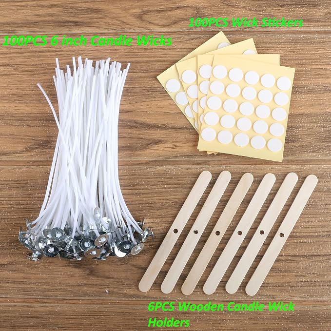 MILIVIXAY 6" Candle Wick Bundle: 100PCS Candle Wicks, 100PCS Candle Wick Stickers and 6PCS Wooden Candle Wick Holders - Wicks Coated with Paraffin Wax, Cotton Wicks Kits for Candle Making.