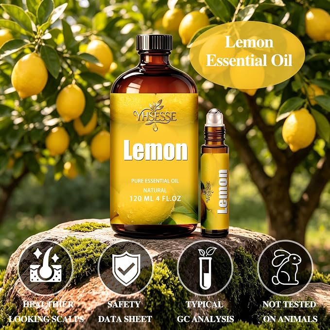 Lemon Essential Oil, Lemon Oil 4 Fl Oz 120ml for Diffuser Yoga Soap & Candle Making – with 0.33 Oz Roller Ball & Dropper YHSESSE Essential Oils
