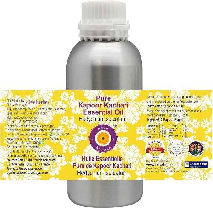 Deve Herbes Pure Kapoor Kachari Essential Oil (Hedychium spicatum) Steam Distilled 300ml (10 oz)