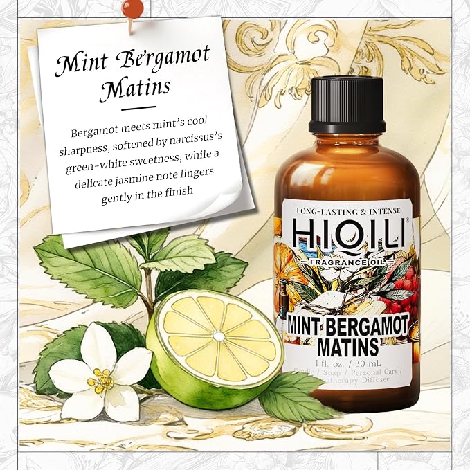 HIQILI Mint Bergamot Matins Fragrance Oil for Diffuser, Candle & Soap, Hand Wash & Air Fresheners Making- Floral Notes, Long-Lasting- 1fl oz