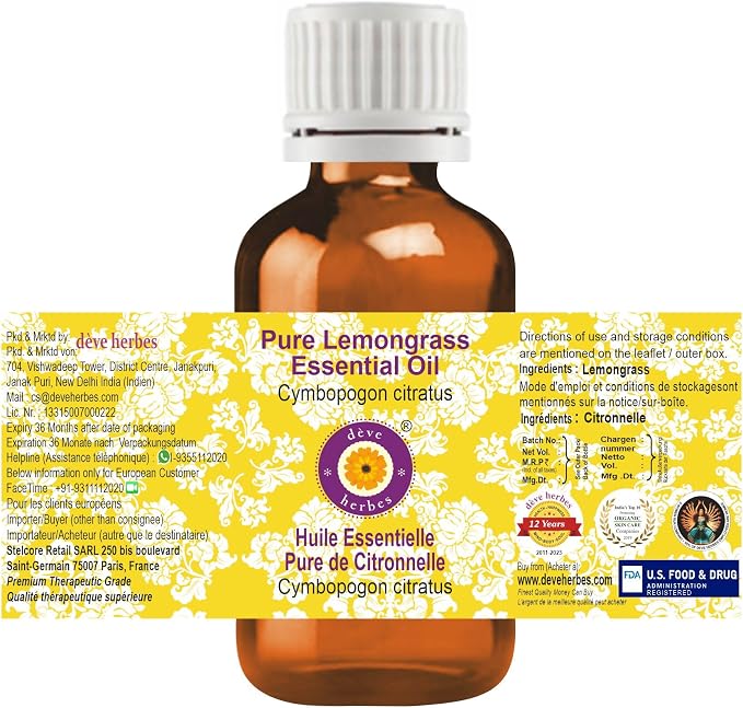 dève herbes Pure Lemongrass Essential Oil (Cymbopogon citratus) Steam Distilled (Pack of Two) 100ml X 2 (6.76 oz)