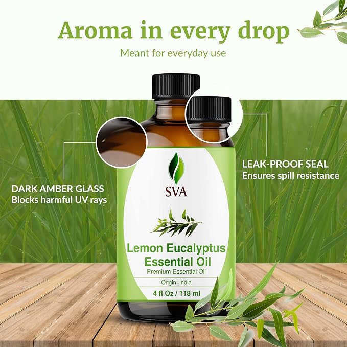 SVA Lemon Eucalyptus Essential Oil 4 Fl Oz – for Diffuser, Skin & Hair Care – Ideal for Massage & DIY Blends - with Dropper