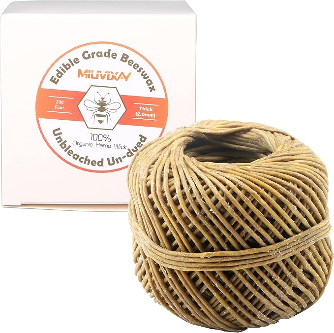 MILIVIXAY Thick Hemp Wick with Natural Beeswax Coating,Edible Grade Beeswax, 200 FT Spool, Size (2.0mm),Unbleached, Un-Dyed and 100% Organic.