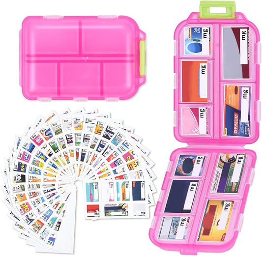 Large Travel Pill Box with 189 Medicine Labels, 10 Compartments Travel Medicine Organizer Medicine Pill Organizer Travel Essentials Pill Organizer with Stickers (Pink, 1 Pack)
