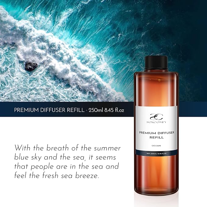 Diffuser Oil Refill, 250ml / 8.45 fl oz, Ocean - Reed & Aromatherapy Diffuser Oil, Long-Lasting Home Fragrance, Citrus, Lily & Musk Notes