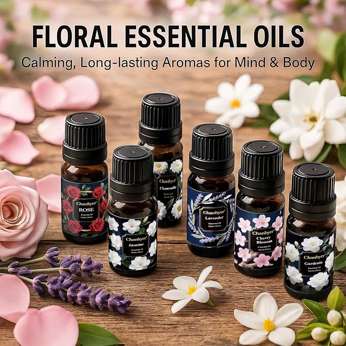 Floral Essential Oils Set 6x10ml-Gardenia,Jasmine,Rose,Chamomile,Cherry Blossom,Lavender-Pure Fragrance Oils for Diffuser,Aromatherapy and Gift