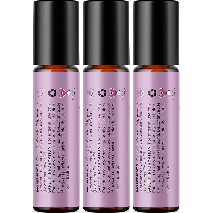 Lavender Essential Oil Roll On - Calming Aromatherapy Oil Roller for Sleep Headaches and Relaxation - Natural Pre-Diluted Sleep Oil for Nighttime Relaxation with Lavender Essential Oil for Skin 3-Pack