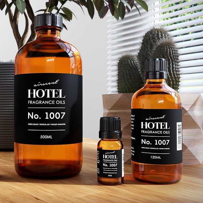 AirScent Hotel Diffuser Oil No. 1007 - Green Melon Lily Oakmoss - 500 mL | Premium Fragrance Oil for Ultrasonic and Waterless Diffusers and Crafting - Vegas Hotel Scent - Glass Dropper Bottle