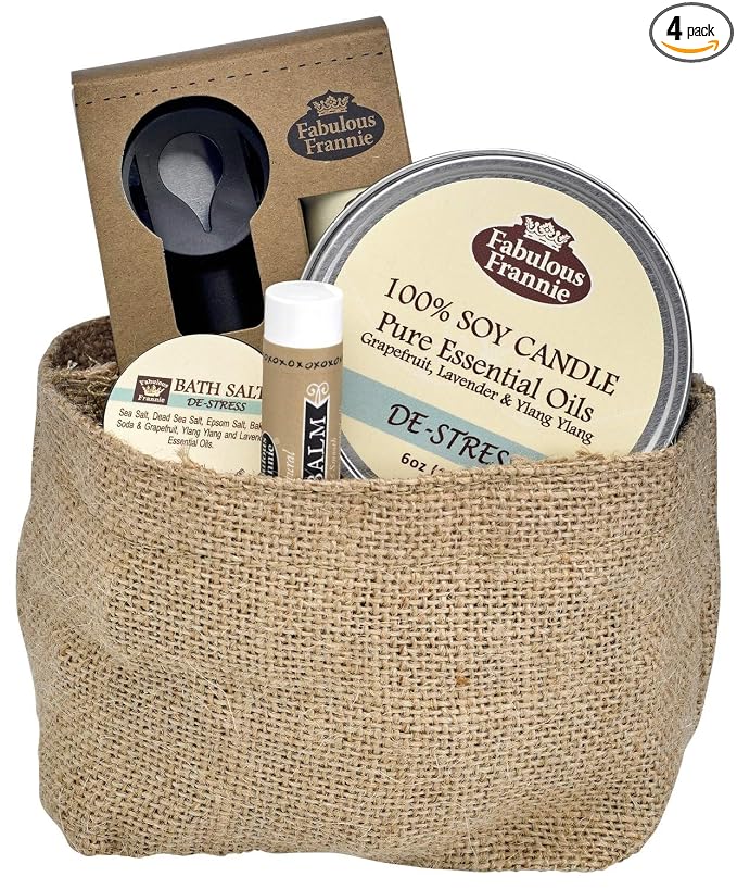 Fabulous Frannie All Natural De-Stress Gift Basket includes 6oz Candle, 1oz Bath Salt, Lip Balm, and Car Diffuser with 10ml Pure Essential Oil Blend.