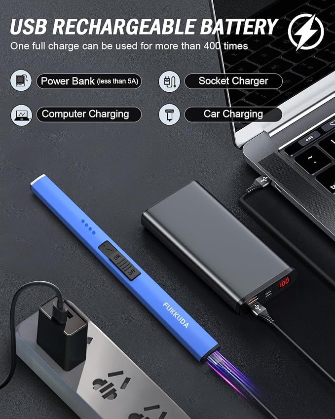 FUKKUDA Electric Candle Lighter with Safety Switch - USB Rechargeable Windproof & Flameless Plasma Arc Lighter for Easter Basket Stuffers (Sapphire Blue)