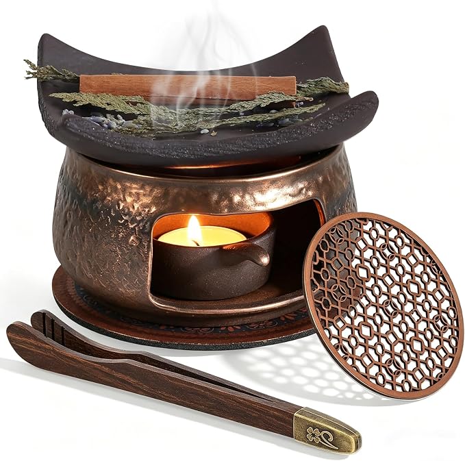 Cedar and Zen Herb Burner Kit, 1250°C High-Fired Aromatherapy Burner Set | Japanese Style, 6-Piece, With Tea Light Holder & Roof Tile, For Herbs & Cedar, Meditation, Yoga, Relaxation, Home Decor Gift
