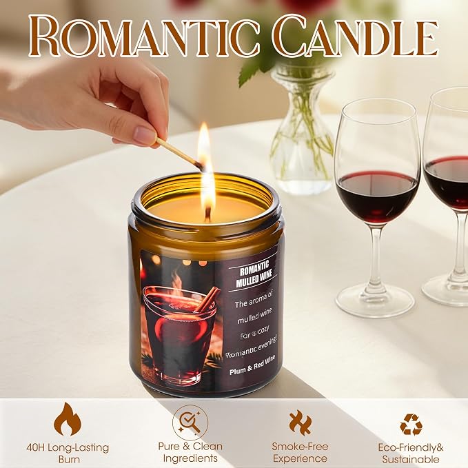 Mulled Wine Plums Candles for Romantic Gifts, 40 Hours Burn Soy Candle Gift for Women Stress Relief, Meditation, Yoga, Relaxing, Natural Soy Wax for Men and Women, 8oz