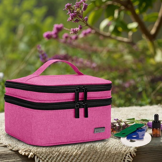 LUXJA Essential Oil Carrying Case - Holds 30 Bottles (5ml-30ml, Also Fits for Roller Bottles), Double-Layer Organizer for Essential Oil and Accessories, Pink (Bag Only)