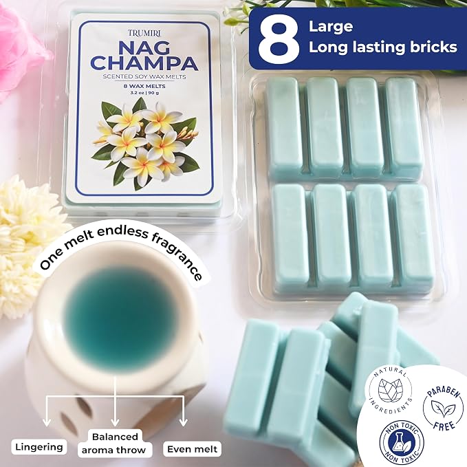 TRUMIRI Nag Champa Scented Wax Melts - Made with Non Toxic Soy Wax and Essential Oils - Long Lasting Strong Scent Pet Safe Candle Wax Cubes Tarts for Warmers Pack of 4