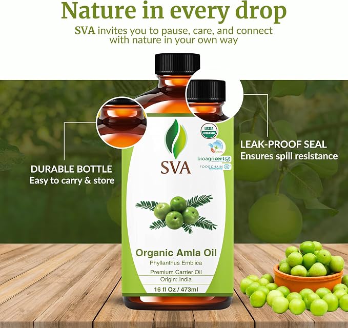 SVA Amla Oil Organic - 16 Fl Oz – 100% Natural Cold Pressed Organic Amla - for Face, Skin Care, Hair Care, Scalp Massage & Body Massage – Carrier Oil
