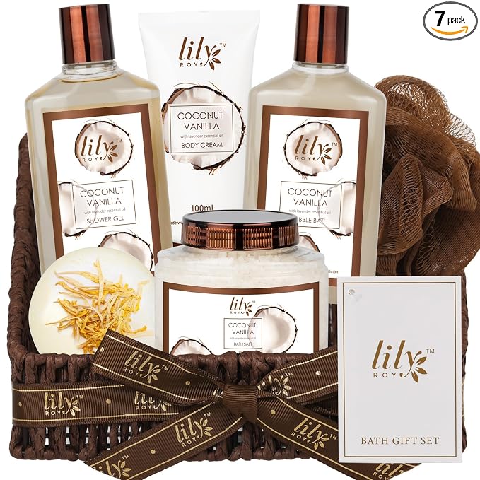 Coconut Vanilla Spa Gifts Bath Kit, 7Pcs Moisturizing Gift Set for Women Men