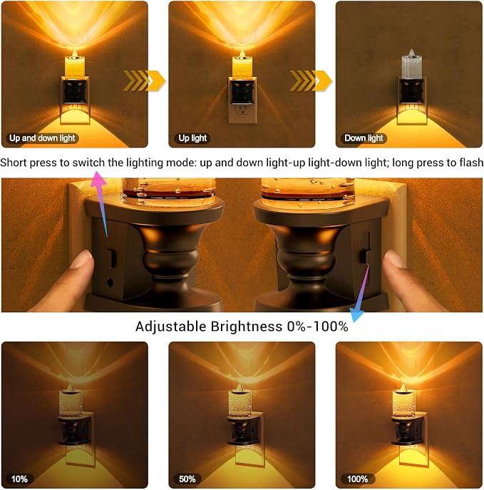 JandCase Night Light, Candle Amber Night Lights Plug into Wall, Flameless Flickering Candle Nightlight, 0-100LM Dimmable LED Nightlights, Dusk to Dawn Sensor Decorative nite light for Bathroom, 1 Pack