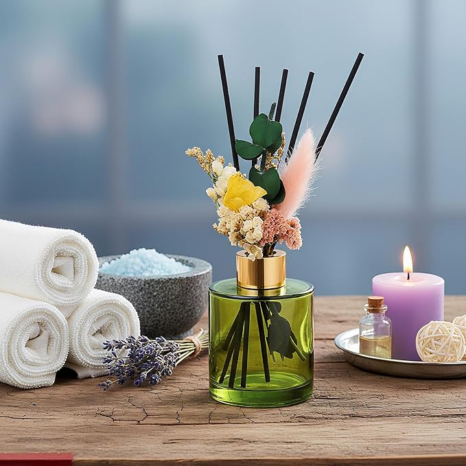 Rtteri 2 Reed Diffuser Sets Flower Oil Diffuser Sticks with Refill Empty 5oz Bottles Scent Glass for Fragrance Home Bathroom Gifts, Oil Not Included (Green Color)
