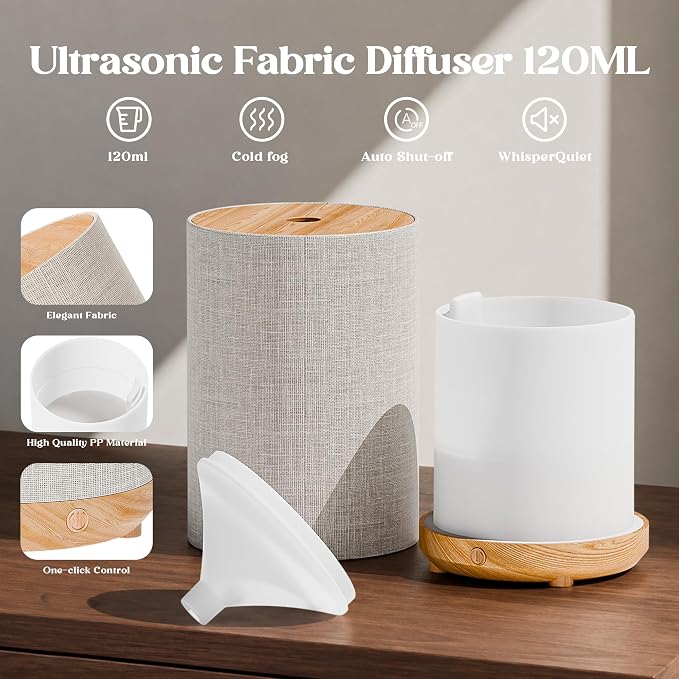 Essential Oil Diffuser with Fabric Cover & Lamp,Small Portable Aroma Diffuser for Home 120ml, Ultrasonic Aromatherapy Oil Diffuser with 7 Colors LED, Auto Shut-Off, Mini Humidifier for Bedroom,Plug In