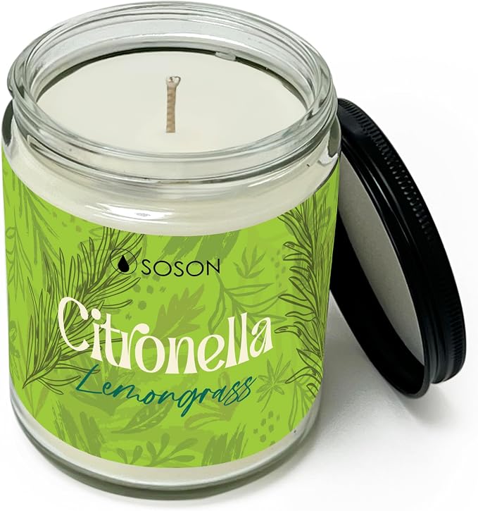 Simply Soson Citronella Lemongrass 9oz Scented Candle – Fresh Citrus Aromatherapy Candle for Indoor & Outdoor Use, Summer Home Fragrance