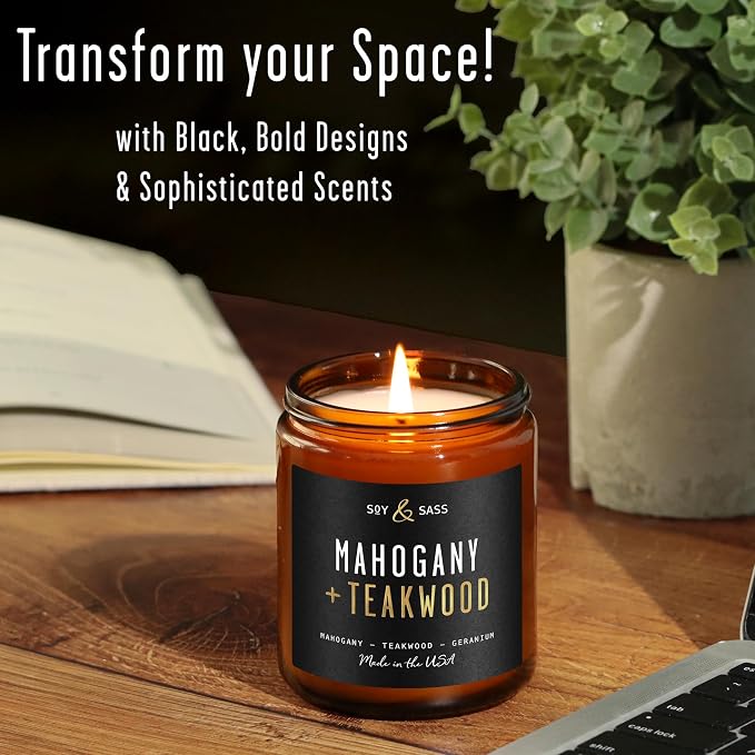 Mahogany Teakwood Candles I Scented Black Candles for Men or Women - Rich Mahogany, Teakwood & Geranium Soy Wax Mens Candle - Infused w/Essential Oils I 50Hr Burn, 9oz I Non Toxic I Made in USA