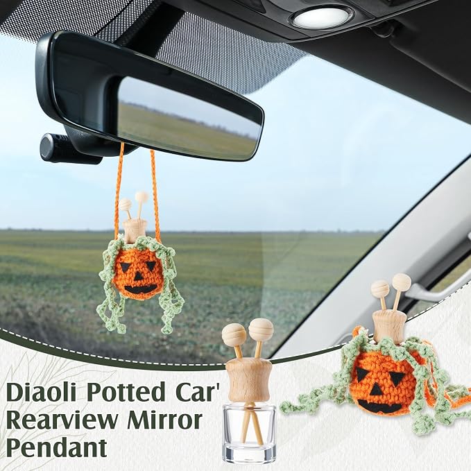 Leelosp 7 Pcs Nightmare Decoration Christmas Pumpkin Crochet Hanging Car Air Freshener with Empty Refillable Essential Oil Diffuser Bottle Clip Knitted Handmade Car Interior Ornament (8 ml, Pumpkin)