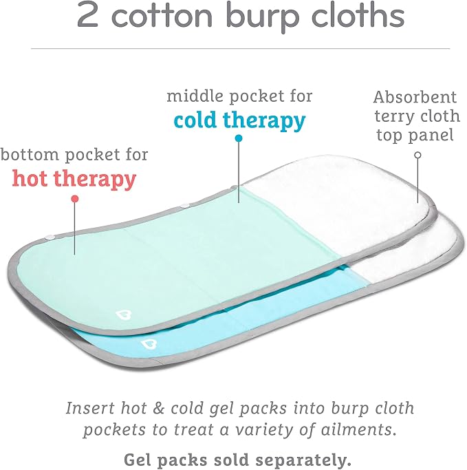 Munchkin® TheraBurpee: 2 Pack Burp Cloths with Built-in Pockets, for use with Colic & Fever Rescue Kit, 1 Blue, 1 Mint,2 Count (Pack of 1)