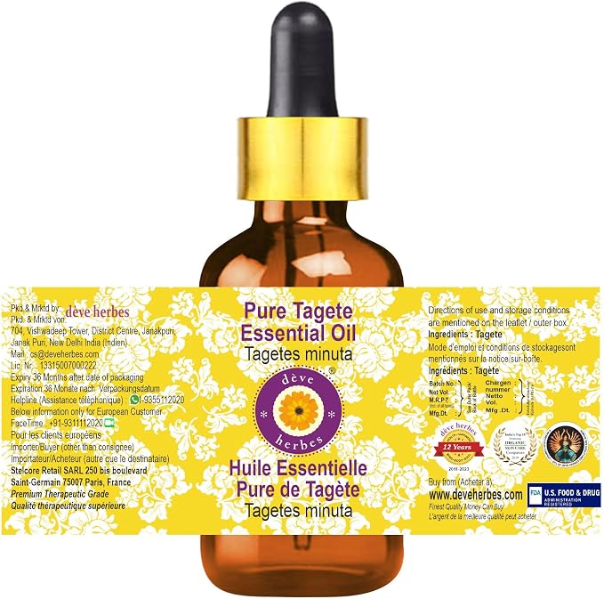 Deve Herbes Pure Tagete Essential Oil (Tagetes minuta) with Glass Dropper Steam Distilled 15ml (0.50 oz)