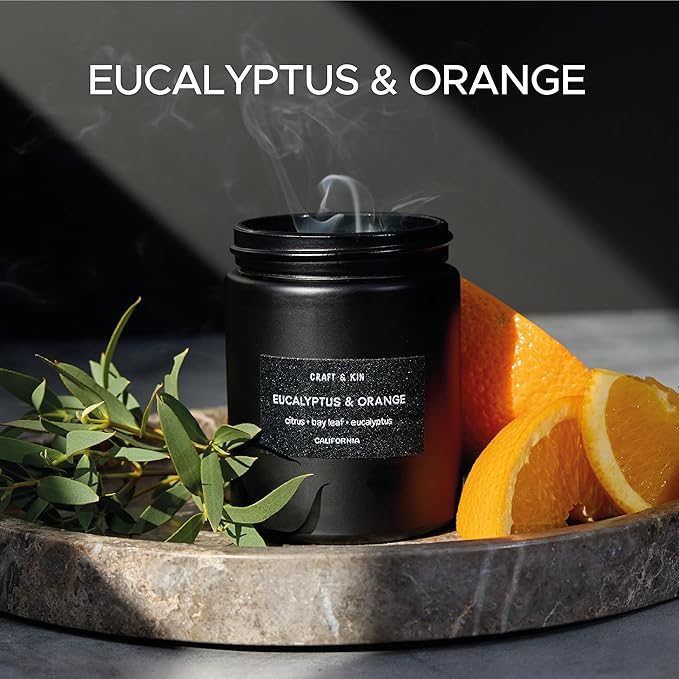 Craft & Kin Premium Orange & Eucalyptus Scented Candle – Long Lasting, 45 Hour Burn Time – Luxury Black Natural Soy Scented Candle for Men with Wood Wick – Room Decor and Aromatherapy – 7.6 oz